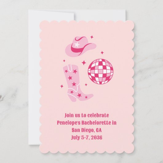 ピンクディスコ女性のカーボーイバチェロレッテ招待状 招待状 (正面)