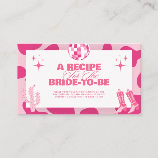 ピンクディスコ女性のカーボーイブライダルシャワー共有Aレシピ エンクロージャーカード (正面)