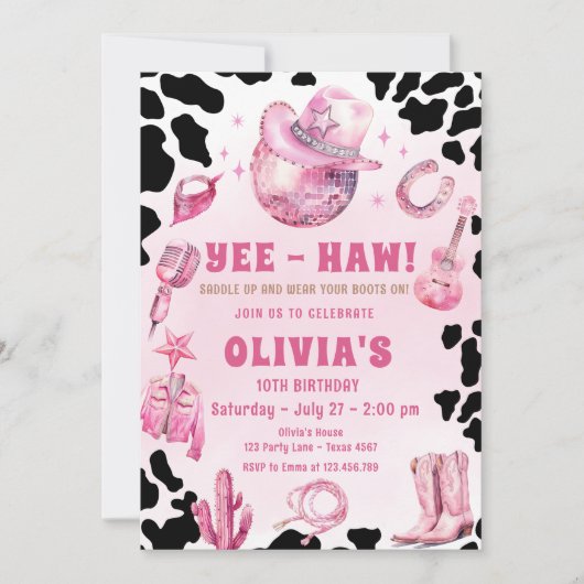 ピンクディスコ女性のカーボーイロデオカントリーバースデーパーティー 招待状 (正面)