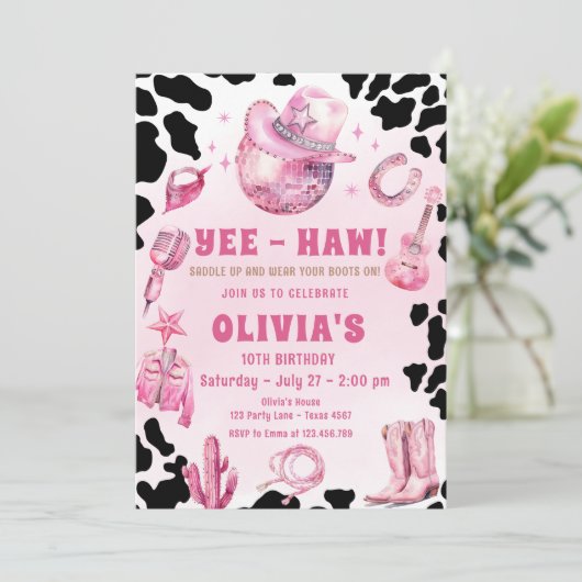 ピンクディスコ女性のカーボーイロデオカントリーバースデーパーティー 招待状 (スタンド正面)