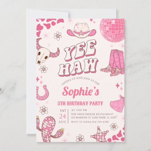 ピンクディスコ女性のカーボーイロデオバースデーパーティー 招待状 (正面)