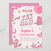 ピンクディスコ女性のカーボーイロデオバースデーパーティー 招待状 (正面/裏面)