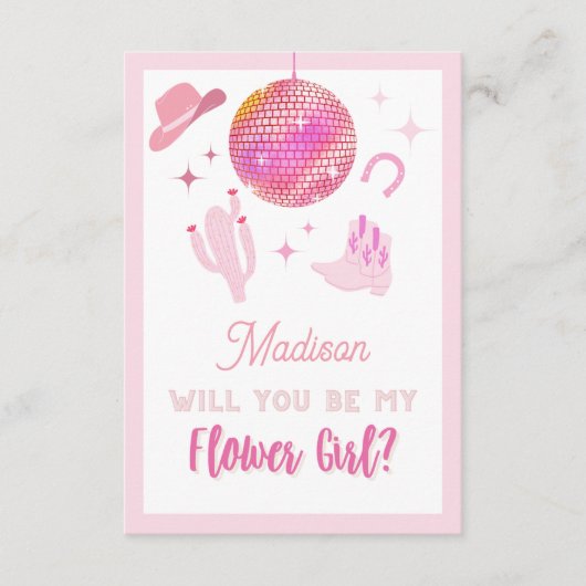 ピンクディスコ女性のカーボーイロデオビーマイフラワーガール エンクロージャーカード (正面)