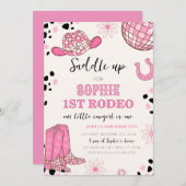 ピンクディスコ女性のカーボーイロデオ1st誕生日パーティー 招待状 (正面/裏面)