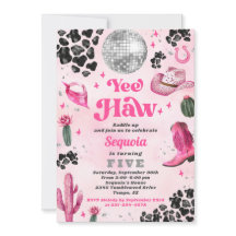 ピンクディスコ女性のカーボーイ誕生日招待状