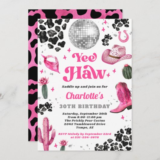 ピンクディスコ女性のカーボーイ誕生日招待状 招待状 (正面/裏面)