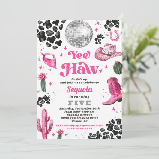 ピンクディスコ女性のカーボーイ誕生日招待状 招待状 (スタンド正面)