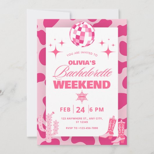 ピンクディスコ女性のカーボーイ週末の旅程招待状 招待状 (正面)