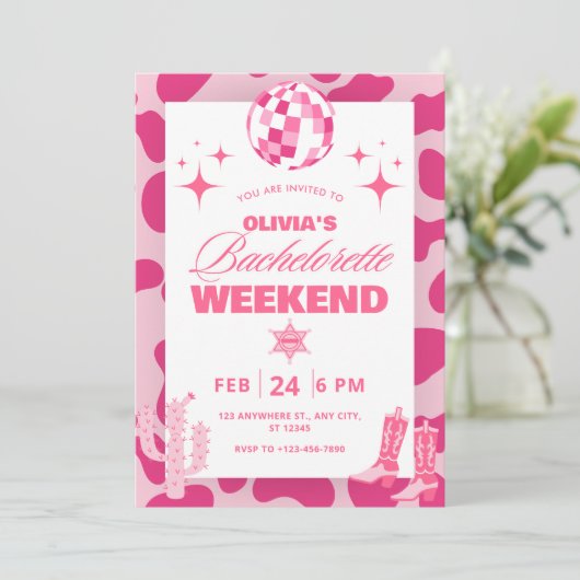 ピンクディスコ女性のカーボーイ週末の旅程招待状 招待状 (スタンド正面)