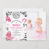 ピンクディスコ最初のロデオ女性のカーボーイ1stバースデーフォト 招待状 (正面)