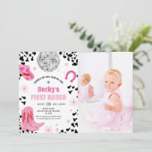 ピンクディスコ最初のロデオ女性のカーボーイ1stバースデーフォト 招待状 (スタンド正面)
