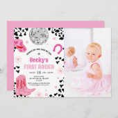 ピンクディスコ最初のロデオ女性のカーボーイ1stバースデーフォト 招待状 (正面/裏面)