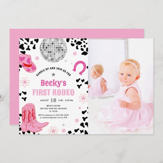 ピンクディスコ最初のロデオ女性のカーボーイ1stバースデーフォト 招待状
