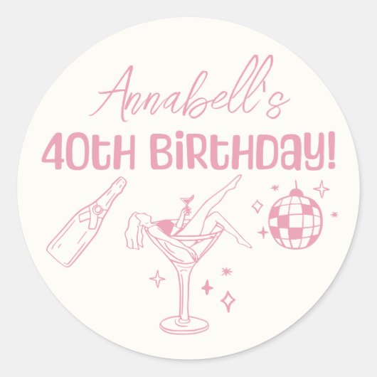 ピンクディスコ40th誕生日パーティーハンドドロードドードル ラウンドシール (正面)