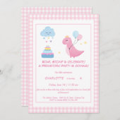ピンクディノダニ誕生日招待状 招待状 (正面/裏面)