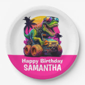 ピンクディノミートモンスタートラック誕生日パーティー ペーパープレート (正面)
