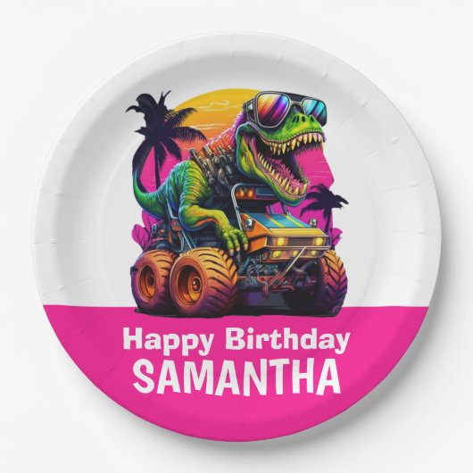 ピンクディノミートモンスタートラック誕生日パーティー ペーパープレート (正面)