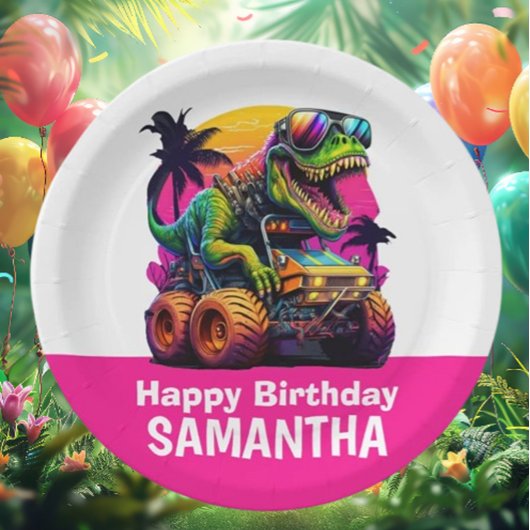 ピンクディノミートモンスタートラック誕生日パーティー ペーパープレート