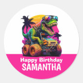 ピンクディノミートモンスタートラック誕生日パーティー ラウンドシール (正面)