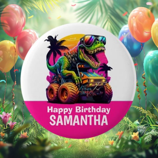 ピンクディノミートモンスタートラック誕生日パーティー ラウンドシール