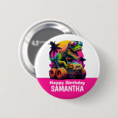 ピンクディノミートモンスタートラック誕生日パーティー 缶バッジ (正面&裏面)