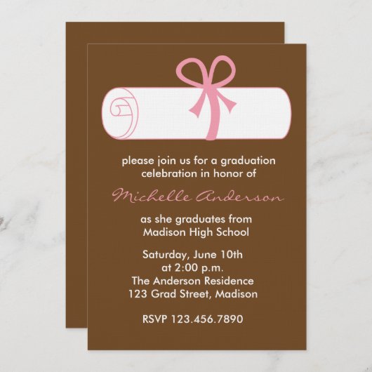 ピンクディプロマ卒業お祝い招待状 招待状 (正面/裏面)