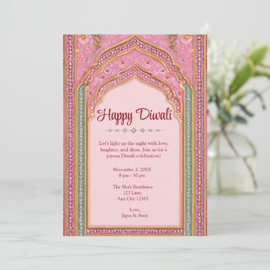 ピンクディワリ伝統的ディワリお祝い 招待状 (スタンド正面)