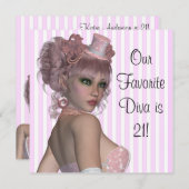 ピンクディヴァ女性21歳の誕生日パーティー 招待状 (正面/裏面)