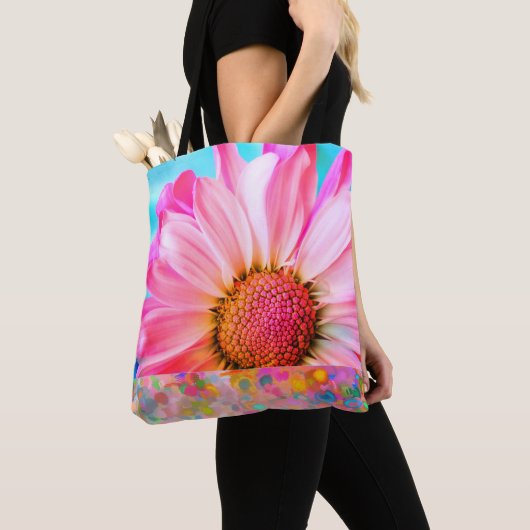 ピンクデイジーと水玉模様トート トートバッグ (クローズアップ)