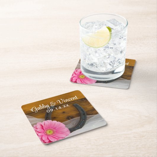 ピンクデイジーと馬蹄地方ウェスタン結婚ズ スクエアペーパーコースター (インサイチュ)