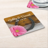 ピンクデイジーと馬蹄地方ウェスタン結婚ズ スクエアペーパーコースター (アングル)