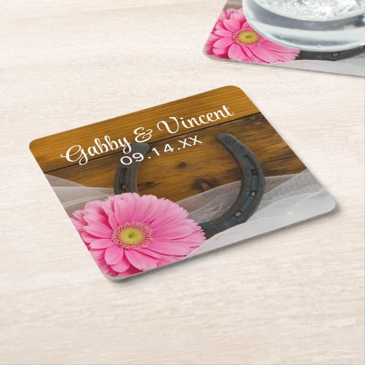 ピンクデイジーと馬蹄地方ウェスタン結婚ズ スクエアペーパーコースター (アングル)