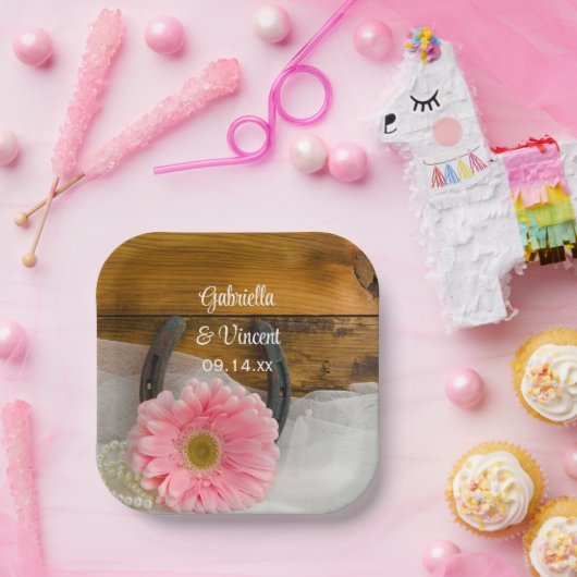 ピンクデイジーと馬蹄地方ウェスタン結婚ズ ペーパープレート (パーティー)