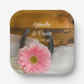 ピンクデイジーと馬蹄地方ウェスタン結婚ズ ペーパープレート (正面)