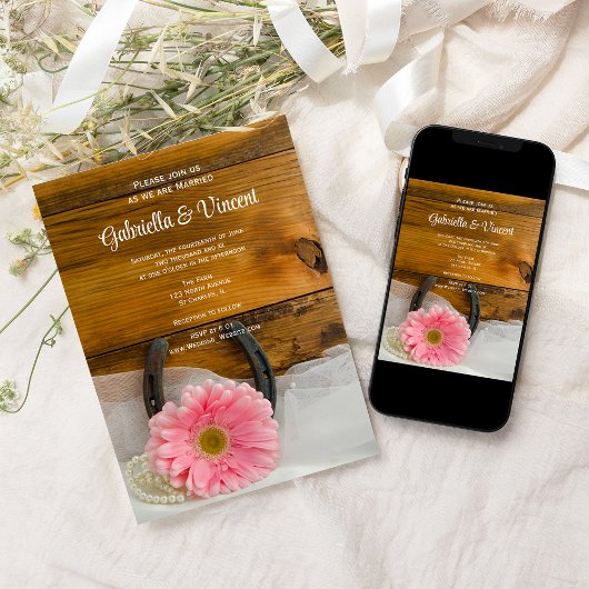 ピンクデイジーと馬蹄地方ウェスタン結婚ズ 招待状