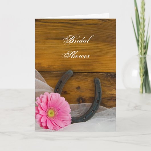 ピンクデイジーと馬蹄西部ブライダルシャワー 招待状 (正面)