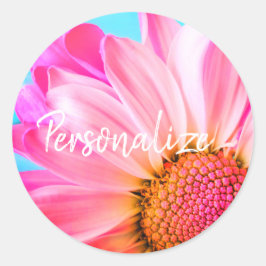 ピンクデイジーの花かわいい青ピンクの夏かわいい ラウンドシール