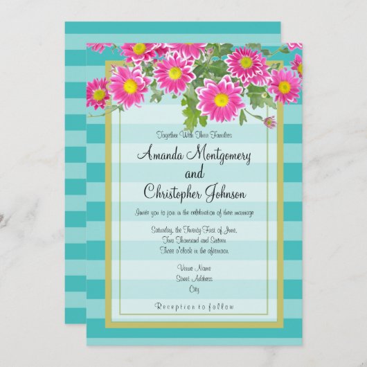 ピンクデイジーの花オンターコイズストライプズ結婚ーズ 招待状 (正面/裏面)