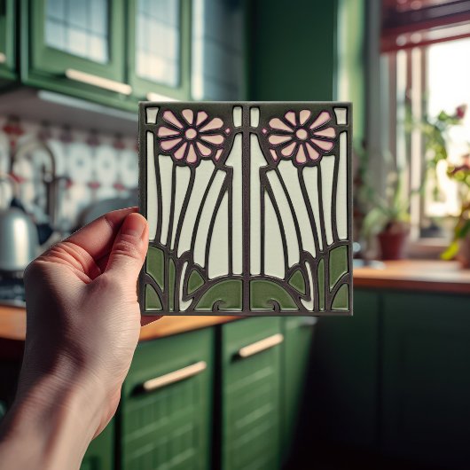 ピンクデイジーアールデコフローラウォールデコールアールヌーボー タイル