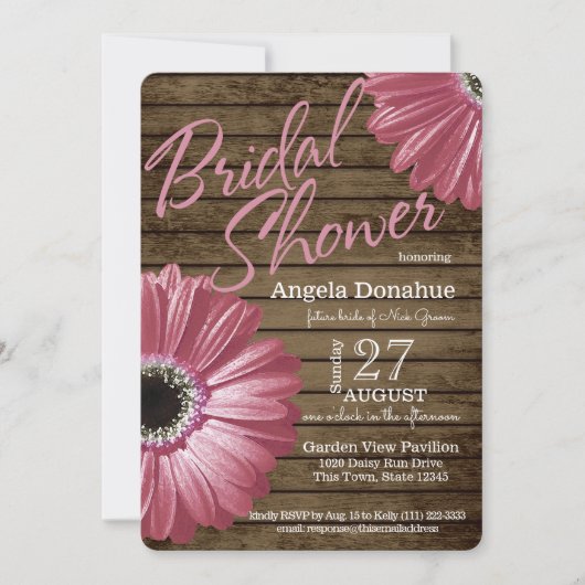 ピンクデイジーウッドブライダルシャワー 招待状 (正面)
