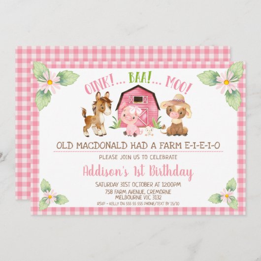 ピンクデイジーオインクバモーアファーム1歳 招待状 (正面/裏面)