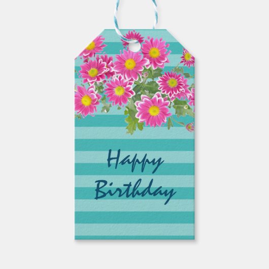 ピンクデイジーオンターコイズストライプハッピーバースデー ギフトタグ (正面)
