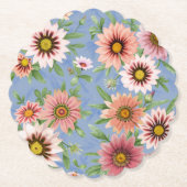 ピンクデイジーオンブルーフローラルパターン ペーパーコースター (正面)