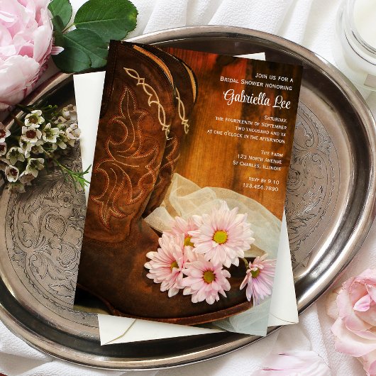 ピンクデイジーカウボーイブーツウェスタンブライダルシャワー 招待状