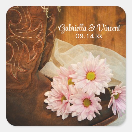 ピンクデイジーカウボーイブーツカントリーウェスタン結婚ズ スクエアシール (正面)