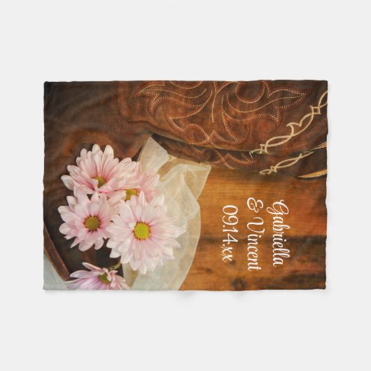 ピンクデイジーカウボーイブーツカントリーウェスタン結婚ズ フリースブランケット (正面(横))