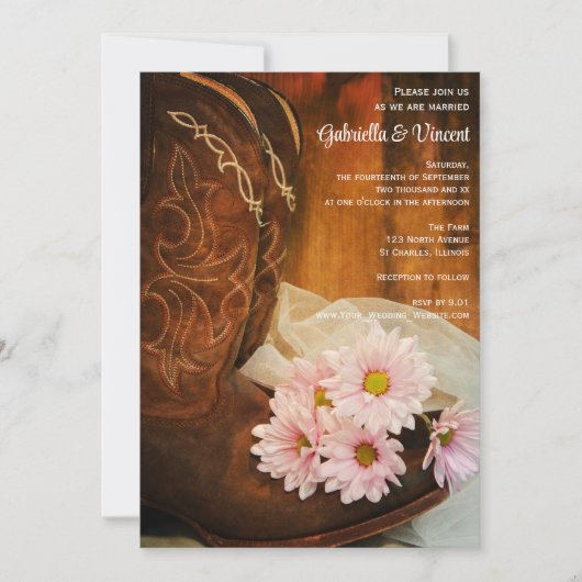 ピンクデイジーカウボーイブーツカントリーウェスタン結婚ズ 招待状 (正面)