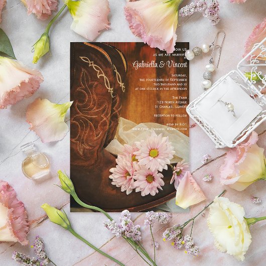 ピンクデイジーカウボーイブーツカントリーウェスタン結婚ズ 招待状