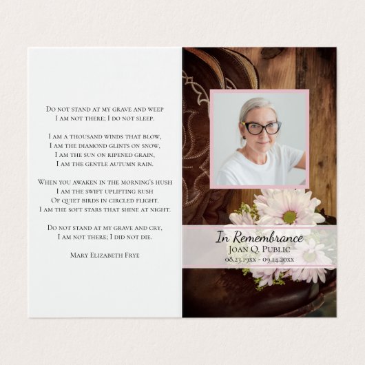 ピンクデイジーカウボーイブーツ葬儀記念祈りの言葉 名刺 (外部フラット)