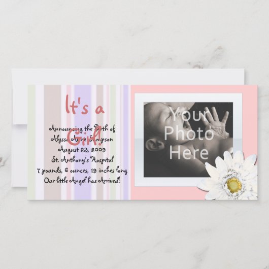 ピンクデイジーカスタムフォトカードベビーのお知らせ 案内状 (正面)